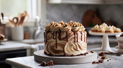 Canvas Print -  a close up of a cake on a table with other desserts in the background and a cake on a plate in the foreground.