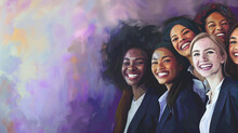 Happy International Women's Day Illustration, Group Of Happy Diverse Women In Suits Of Different Races