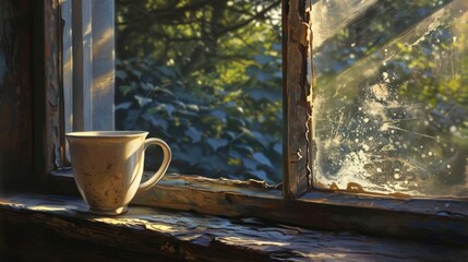 Wall Mural -  a coffee cup sitting on a window sill in front of a window with a view of the trees outside.