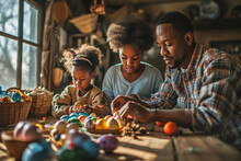 Photo Of An African Family Sitting In Their Home Kitchen And Decorating Easter Eggs. Father And His Two Daughters Are Sitting Behind The Wooden Table And Celebrating Easter By Painting Chicken Eggs.