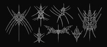 Cyber Sigilism Elements. Neo Tribal Symmetrical Shapes, Gothic Sharp Spikes With Heart. Vector Set