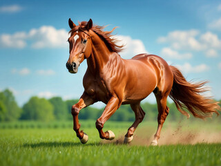 A horse gallops across a green field