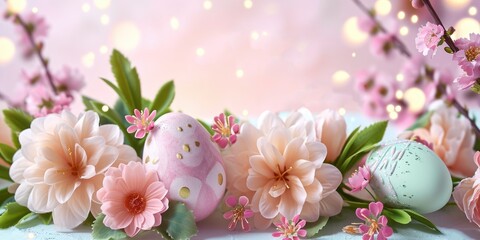 Happy Easter holiday background. Easter eggs and beautiful spring flowers