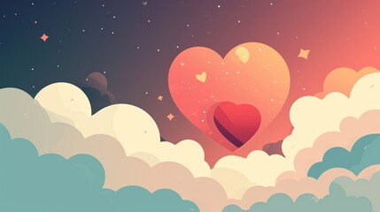 Sticker -  a red heart floating in the sky surrounded by white clouds and a star filled sky with pink, blue, and yellow stars.