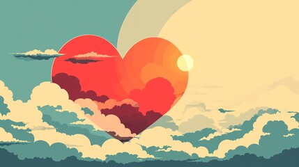 Wall Mural -  a painting of a heart in the clouds with a plane flying in the sky with the sun in the background.