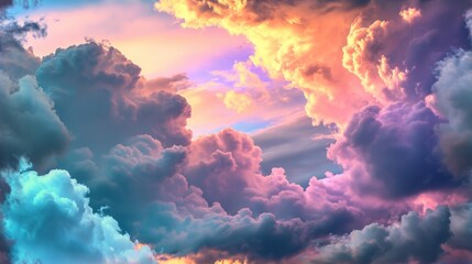 a sky filled with lots of clouds with a pink and blue sky in the middle of the clouds and a plane in