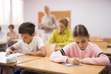 Fototapeta  - Young pupils, boy and girl, sitting at desk together and doing exercises during lesson.