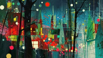 Sticker -  a painting of a city at night with a lot of lights on the trees and the buildings in the background.