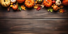 Bird's Eye View Of Small Pumpkins And Autumn Decor On Old Wood Surface.