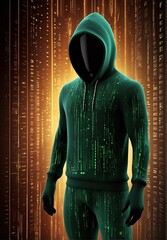 Wall Mural - man, hacker, in a green sports coat with a hood on his head on a green background with a binary code