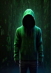 Wall Mural - man, hacker, in a green sports coat with a hood on his head on a green background with a binary code