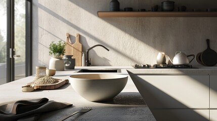 Sticker -  a white bowl sitting on top of a counter next to a knife and a bowl of oatmeal.