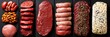 Assorted raw meat products collage with white dividing lines, bright white background