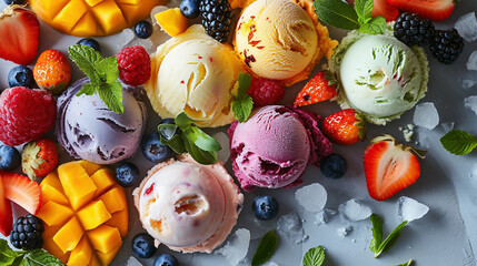 Colored balls of ice cream with berries and mango on grey background  from above, flat lay