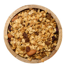 Wall Mural - Oatmeal, raisins, cashews and almonds. Granola in wooden round plate