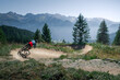 Downhill mountain biking on a shaped bike park trail in Austria, sunny blue sky day, trees and mountains in background.