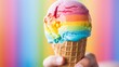 Lgbt pride  female hand holding ice cream with vibrant colors against pink background