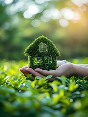 Holding a small miniature house model with both hands against the backdrop of green forests and parks. sustainability and eco-friendly living. generative AI