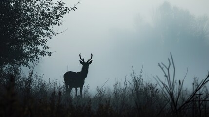 Sticker -  a black and white photo of a deer standing in a foggy field with a tree in the foreground.