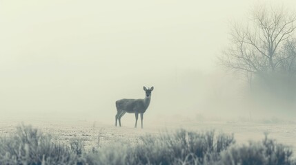 Sticker -  a deer standing in the middle of a field on a foggy day with trees and bushes in the background.