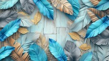 3D Art Wallpaper With Blue, Turquoise, Gray Leaves, Feathers, Golden Highlights, Light Background, Accented With Wood Wicker 3D Panels In Oak And Nut, Photography, Seamless Texture Focus,