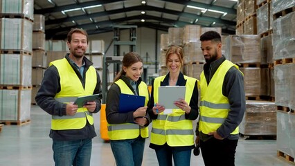 Canvas Print - Full team of warehouse employees standing in warehouse. Team of workers in reflective clothing in modern industrial factory, heavy industry, manufactrury.