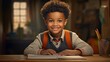 © Ahtesham - Smiling african american child school boy doing homework while sitting at desk at home.