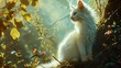  a white cat sitting on top of a lush green forest next to a forest filled with leaves and flowers on a sunny day.