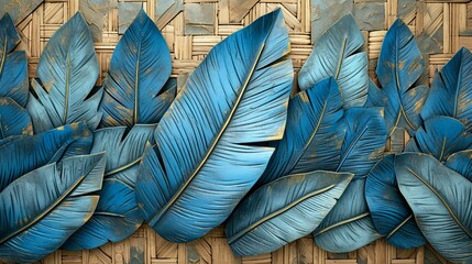 3D wallpaper blending blue, turquoise, gray leaf and feather design with gold highlights, set against light drawing background and oak, nut wood wicker panels, Photography, detailed texture interplay,