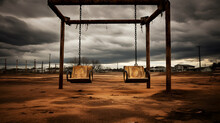 A Deserted Playground With Rusting Swings And A Cloudy Sky Overhead.