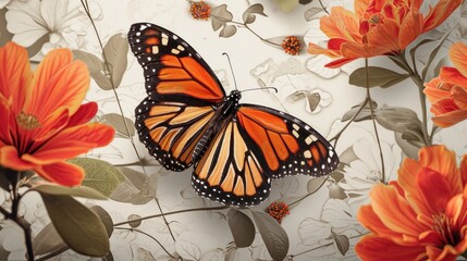 Sticker -  a close up of a butterfly on a flower with a background of orange and white flowers with leaves and flowers.