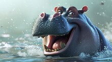  A Close Up Of A Hippopotamus In A Body Of Water With It's Mouth Wide Open.