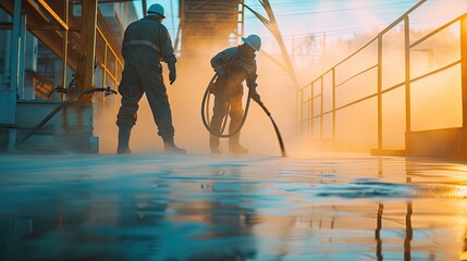 Sand blasting process,  Industial  worker using sand blasting process preparation cleaning surface on steel before painting in factory workshop. 