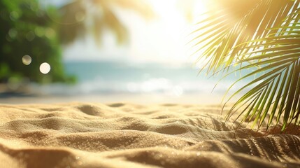 Wall Mural - Sand with blurred Palm and tropical beach bokeh background, Summer vacation and travel concept. Copy space 