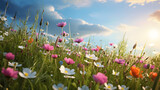 Fototapeta Tulipany - Spring meadow with wildflowers for Easter day