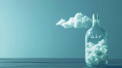 Bottle of water on the table. Clouds in the bottle. Minimal style pastel blue background. Sign Air. 