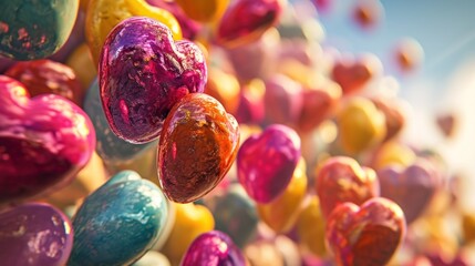 Sticker -  a close up of a bunch of candies in the air with a blue sky in the back ground and a blue sky in the back ground.