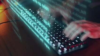A close-up showcasing hands skillfully typing on a glowing keyboard, illustrating the intense focus and expertise involved in coding. Ambient lighting accentuates the swift movements of the fingers.