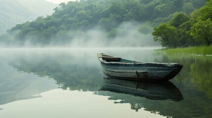 Poster -  a small boat floating on top of a lake next to a lush green hillside covered in trees and mist covered mountains.