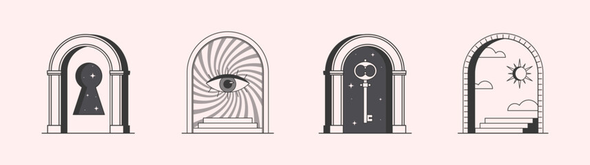 Wall Mural - vector mystic logo design templates with portals,sun,steps,keyhole,key and eye.surreal abstract illu