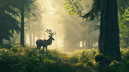 Poster -  a deer standing in the middle of a forest on a foggy day with the sun shining through the trees.