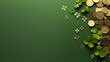 Lush green background featuring an abundance of green clovers and vintage coins, symbolizing fortune and luck