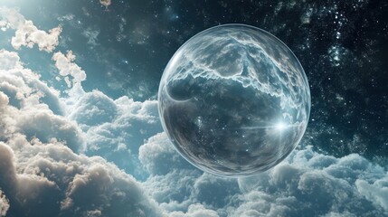 Wall Mural -  a sphere floating in the middle of a cloudy sky with a bright star in the middle of the center of the image.