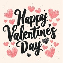 Happy Valentines Day Hand Lettering Hearts Illustration Black Outlining