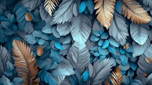 Artistic 3D Wallpaper, Blue And Turquoise Feathers, Gray Leaves, Accented With Golden Elements And Oak, Nut Wood Wicker, Illustration, Textured And Colorful,