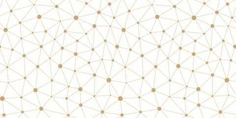 Golden vector triangular mesh seamless pattern. Abstract minimalist gold and white background with lines, nodes, polygonal grid, lattice. Simple luxury geometric texture. Repeated modern geo design