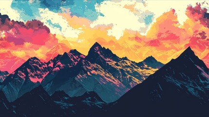 Canvas Print -  a painting of a mountain range with a colorful sky in the background and clouds in the middle of the image.