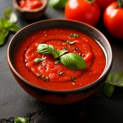 Classic homemade Italian tomato sauce with basil for pasta and pizza  top view.