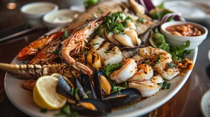 Sticker -  a white plate topped with lots of seafood next to a bowl of sauce and a bowl of dipping sauce on the side.