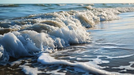 Poster -  a close up of a wave coming in to the shore of a beach with foamy waves on the sand.